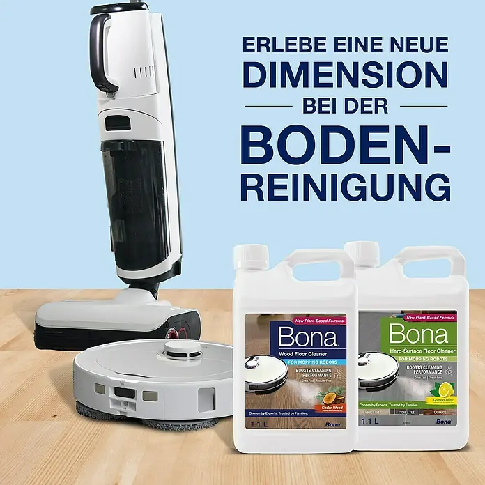 Bona Reinigungsmittel Holzbodenreiniger für Wischroboter - 1,1 l, Kanister - Produktbild von Bona Bodenreinigern für Wischroboter, erhältlich für Holz- und Hartböden, die eine optimale Reinigungsleistung versprechen.