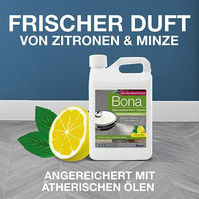 Bona Reinigungsmittel Hartbodenreiniger für Wischroboter - Zitronen&Minze-Duft, 1,1 l, Kanister - Bodenreiniger von Bona mit Zitronen- und Minzduft, ideal für Reinigungsroboter, für eine streifenfreie, schnelle Trocknung und Reinigung.
