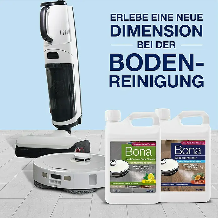 Bona Reinigungsmittel Hartbodenreiniger für Wischroboter - Zitronen&Minze-Duft, 1,1 l, Kanister - Bodenreinigung neu erleben: Bild von Bona Hartboden- und Holzbodenreiniger für Wischroboter.