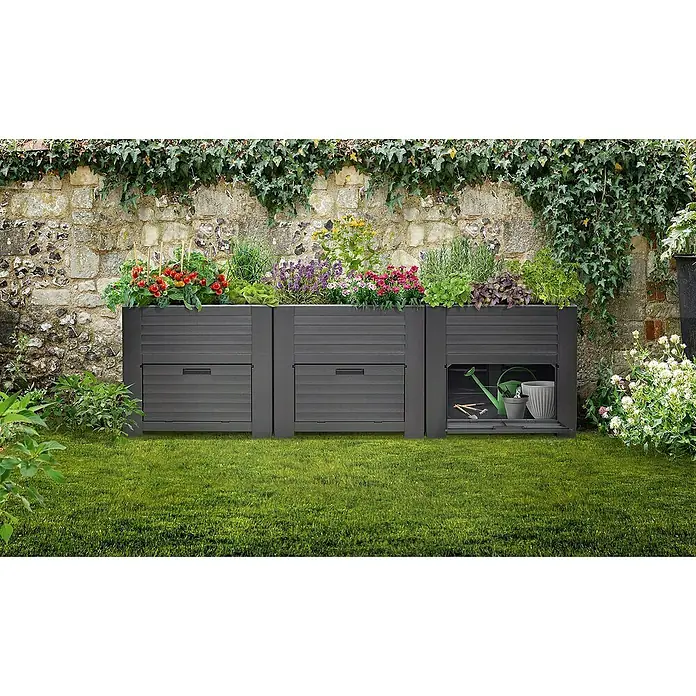 Hochbeet mit 3 Staufächern - 225 x 75 x 78 cm, Kunststoff - Das graue Gartenmöbel-Set mit Stauraum und Bepflanzung fügt sich perfekt in jeden Garten ein und bietet zusätzlichen Platz für Gartengeräte.