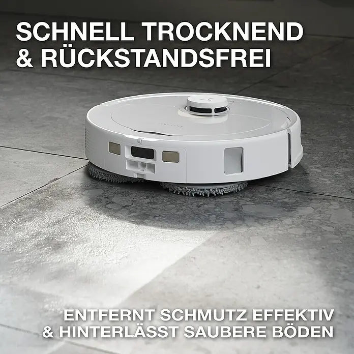 Bona Reinigungsmittel Hartbodenreiniger für Wischroboter - Zitronen&Minze-Duft, 1,1 l, Kanister - Ein weißer Roboter-Mopp wischt einen grauen Fliesenboden mit der Aufschrift "Schnell trocknend & Rückstandsfrei" und "Entfernt Schmutz effektiv & hinterlässt saubere Böden".