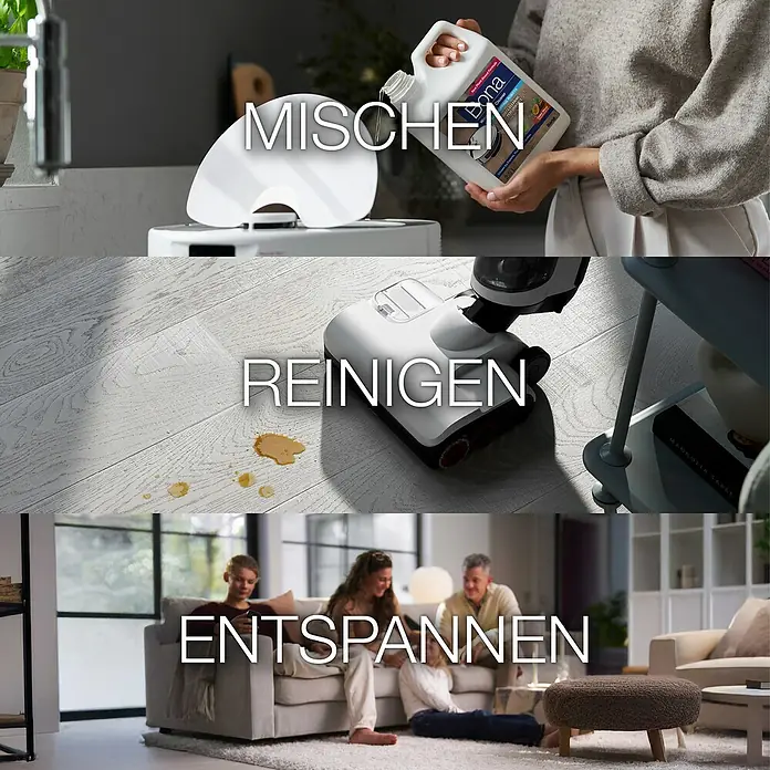 Bona Reinigungsmittel Holzbodenreiniger für Wischroboter - 2,5 l, Kanister - Drei Bilder zeigen die Anwendung von Bona Produkten: Mischen, Reinigen, Entspannen. Das verspricht eine einfache Reinigung.