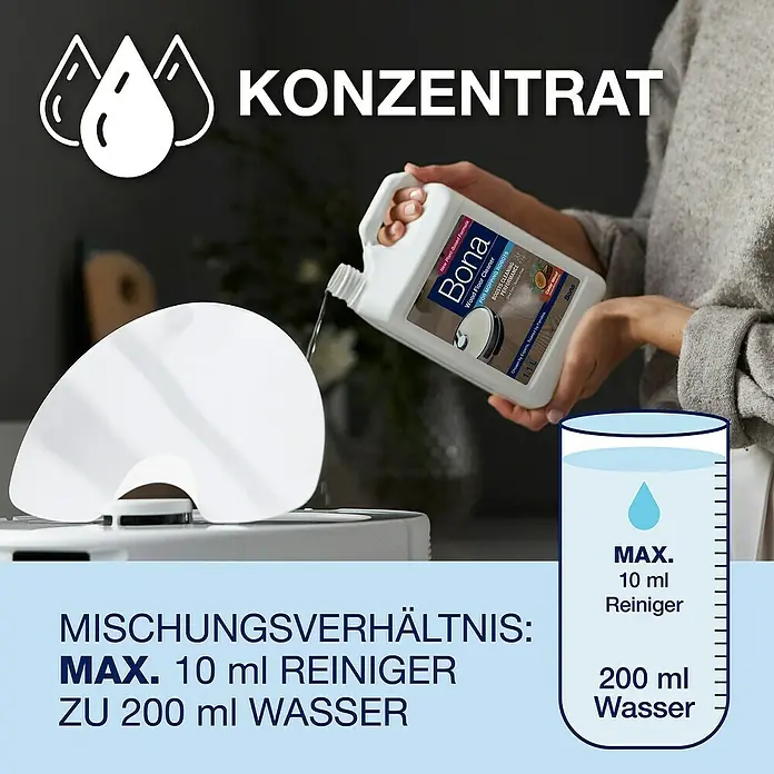 Bona Reinigungsmittel Holzbodenreiniger für Wischroboter - 1,1 l, Kanister - Bona Wood Floor Cleaner Konzentrat für Reinigungsroboter. Mischungsverhältnis: Max. 10 ml Reiniger zu 200 ml Wasser.