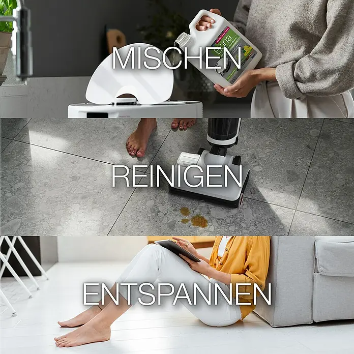 Bona Reinigungsmittel Hartbodenreiniger für Wischroboter - Zitronen&Minze-Duft, 2,5 l, Kanister - Das Bild zeigt, wie man den Bona Bodenreiniger verwendet, um den Boden zu reinigen und sich danach zu entspannen.