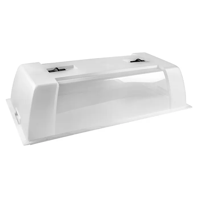 Abdeckhaube - 80 x 40 x 20 cm - Bild einer weißen Kuchenbox mit einem transparenten Deckel. Ideal zum Aufbewahren und Transportieren von Kuchen.