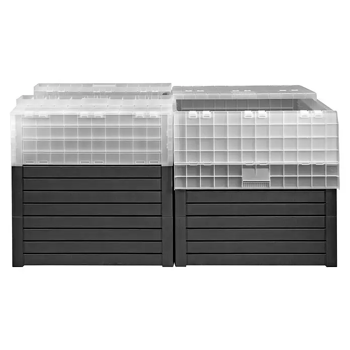 Hochbeet mit Frühbeetaufsatz - 156 x 79 x 81 cm, Kunststoff, Anthrazit - Zwei schwarze und transparente Lagerboxen, gestapelt und nebeneinander platziert, bieten viel Stauraum. Ideal für Ordnung und Organisation im Büro oder zu Hause.