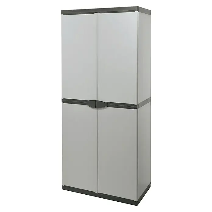 Kunststoff-Mehrzweckschrank Universal - L x B x H: 39,5 x 68 x 168 cm - Grauer Kunststoffschrank mit zwei Türen und einem schwarzen Griff, ideal für die Aufbewahrung im Innen- und Außenbereich.
