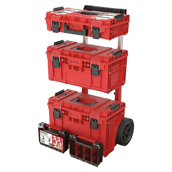 Qbrick System Werkzeugkoffer-Set Prime 5 in 1 Set - L x B x H: 59,5 x 42,5 x 107,2 cm, Polypropylen, 5 -tlg. - Qbrick System Werkzeugkoffer-Set: Drei rote Boxen, gestapelt für modulare Aufbewahrung und einfachen Transport von Werkzeugen und Zubehör.