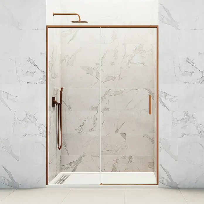GME Mampara de ducha frontal Twenty - 180 x 195 cm, Espesor de vidrio: 6 mm, Cobre - Elegante cabina de ducha con marco de bronce y azulejos de mármol. El diseño moderno aporta un toque lujoso a cualquier baño.