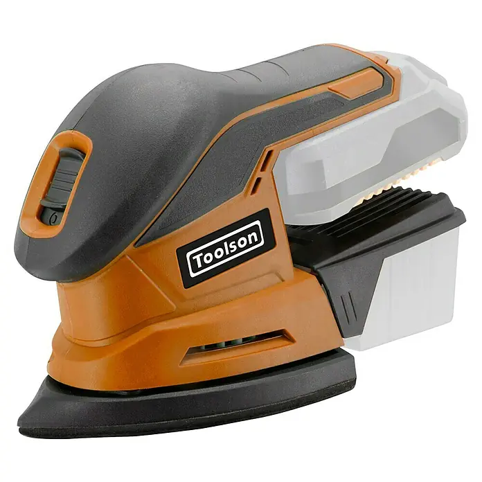 Toolson PRO Lijadora delta de batería OM -  - Primer plano de una lijadora eléctrica Toolson naranja, negra y gris.