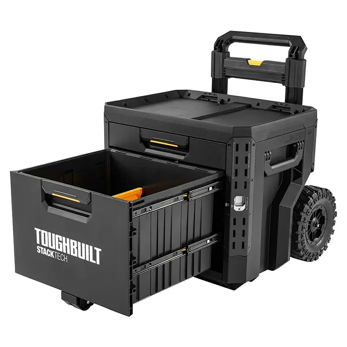ToughBuilt StackTech Caja profesional con ruedas - An x Pr x Al: 52 x 58,5 x 67 cm, Plástico, Número de cajones: 2 ud. - Se muestra una caja de herramientas rodante ToughBuilt StackTech con un cajón extraíble, ideal para guardar y transportar herramientas.