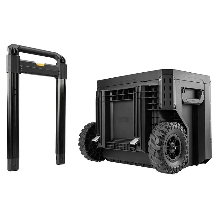 ToughBuilt StackTech Caja profesional con ruedas - An x Pr x Al: 52 x 58,5 x 67 cm, Plástico, Número de cajones: 2 ud. - Primer plano de un carro de herramientas negro y robusto con mango telescópico y ruedas grandes, diseñado para uso profesional.
