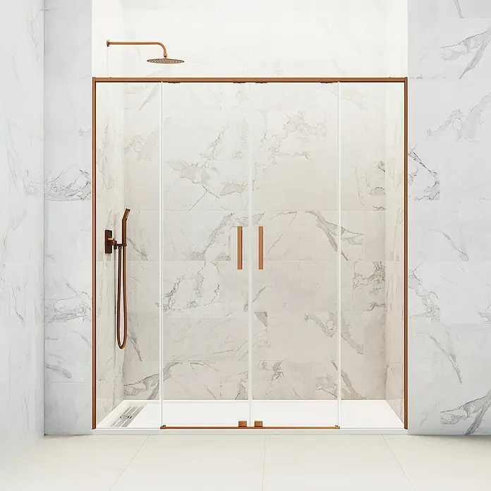 GME Mampara de ducha frontal Twenty Spazio - 190 x 195 cm, Espesor de vidrio: 6 mm, Cobre - Cabina de ducha con paneles de vidrio transparente y un elegante marco de color bronce para un diseño de baño moderno.