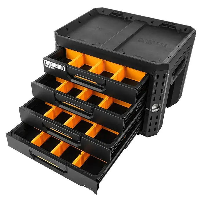 ToughBuilt StackTech Caja para herramientas XL - An x Pr x Al: 56 x 43 x 42 cm, Plástico, Número de cajones: 4 ud. - La caja de cajones Toughbuilt StackTech con cuatro extensiones e inserciones naranjas para un almacenamiento flexible de herramientas.