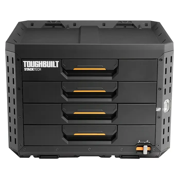ToughBuilt StackTech Caja para herramientas XL - An x Pr x Al: 56 x 43 x 42 cm, Plástico, Número de cajones: 4 ud. - Armario de herramientas negro Toughbuilt Stacktech con cuatro cajones y soportes laterales para apilar de forma segura.