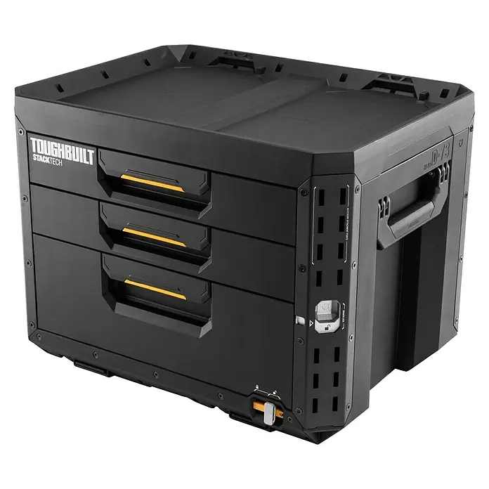 ToughBuilt StackTech Caja para herramientas XL - An x Pr x Al: 56 x 43 x 42 cm, Plástico, Número de cajones: 3 ud. - En la imagen se muestra un sistema de almacenamiento de herramientas ToughBuilt StackTech negro, con tres cajones.