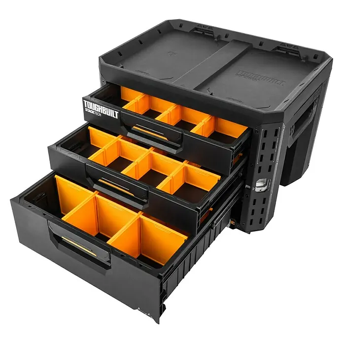 ToughBuilt StackTech Caja para herramientas XL - An x Pr x Al: 56 x 43 x 42 cm, Plástico, Número de cajones: 3 ud. - La caja de herramientas Toughbuilt StackTech con cajones e insertos amarillos ofrece un almacenamiento robusto y organizado.