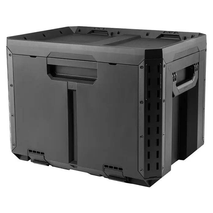 ToughBuilt StackTech Caja para herramientas XL - An x Pr x Al: 56 x 43 x 42 cm, Plástico, Número de cajones: 2 ud. - Primer plano de una robusta caja de almacenamiento negra con un diseño texturizado y asas de transporte resistentes.