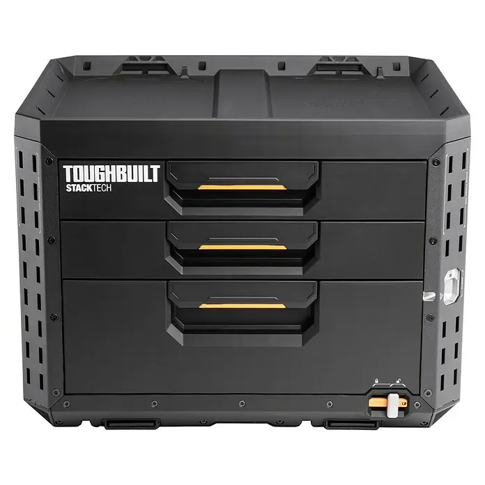 ToughBuilt StackTech Caja para herramientas XL - An x Pr x Al: 56 x 43 x 42 cm, Plástico, Número de cajones: 3 ud. - Cofre de herramientas Toughbuilt Stacktech negro y robusto con tres cajones y detalles naranjas, ideal para profesionales.