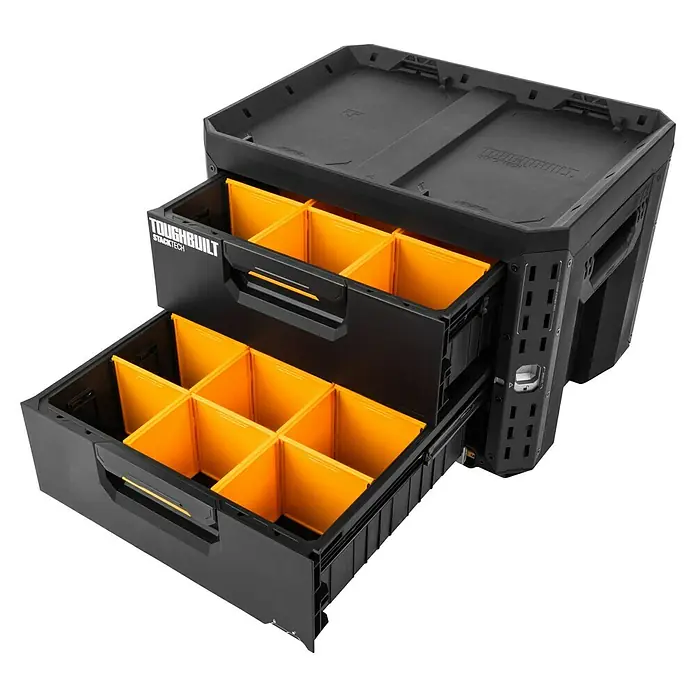ToughBuilt StackTech Caja para herramientas XL - An x Pr x Al: 56 x 43 x 42 cm, Plástico, Número de cajones: 2 ud. - Una vista detallada de una caja de herramientas ToughBuilt negra con compartimentos amarillos, ideal para guardar herramientas y piezas pequeñas.