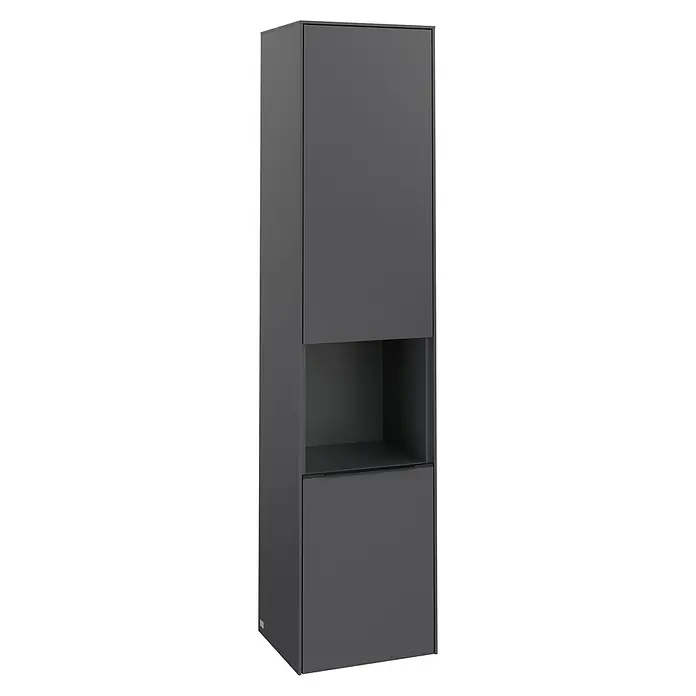 Villeroy & Boch Subway 3.0 Hochschrank - B x T x H: 40 x 36,2 x 171 cm, 1x offenes Fach, 2x Tür, Graphite, Farbe Griff: Volcano black, DIN Anschlag: Rechts - Ein moderner grauer Badschrank mit zwei Türen und einem offenen Fach zur stilvollen Aufbewahrung im Badezimmer.