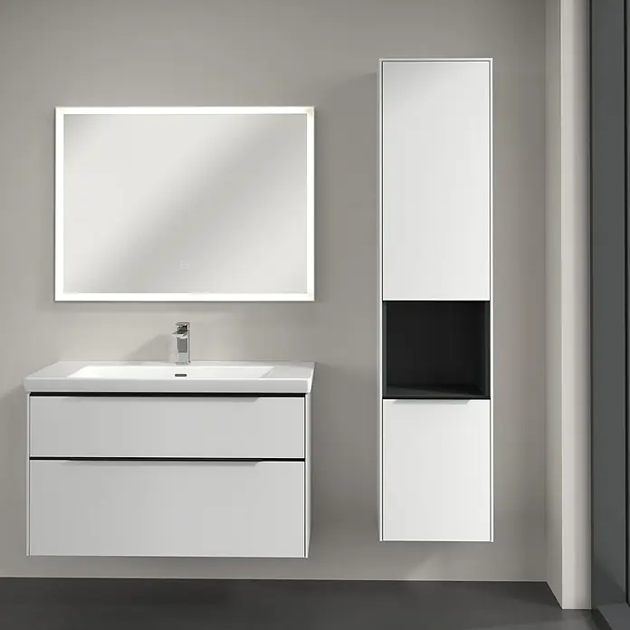 Villeroy & Boch Subway 3.0 Hochschrank - B x T x H: 40 x 36,2 x 171 cm, 1x offenes Fach, 2x Tür, Brilliant White, Farbe Griff: Volcano black, DIN Anschlag: Rechts - Modernes Badezimmer-Set mit Unterschrank, Waschtisch und Spiegelschrank mit LED-Beleuchtung für ein stilvolles Ambiente.
