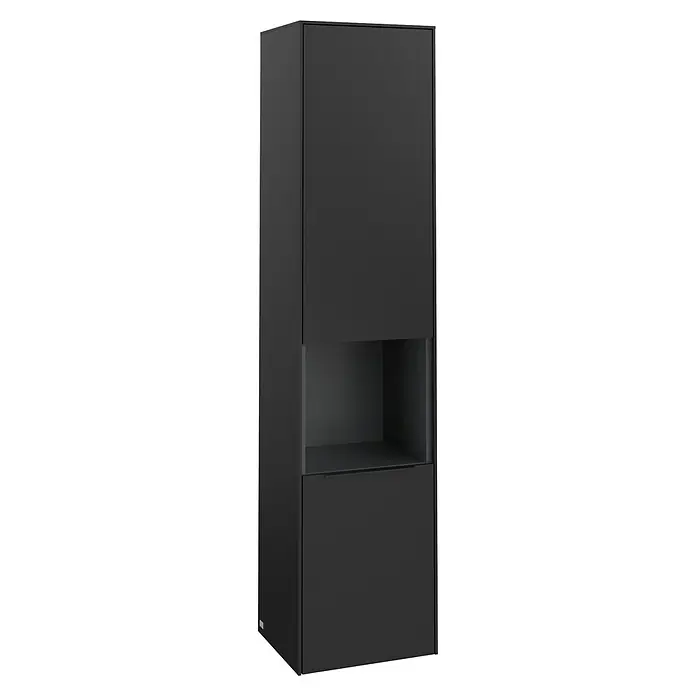 Villeroy & Boch Subway 3.0 Hochschrank - B x T x H: 40 x 36,2 x 171 cm, 1x offenes Fach, 2x Tür, Volcano Black, Farbe Griff: Volcano black, DIN Anschlag: Rechts - Elegantes, schwarzes Badezimmer-Hochschrank mit offenem Fach in der Mitte und zwei geschlossenen Fächern, ideal für moderne Badezimmer.