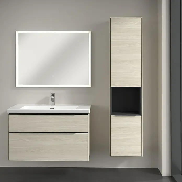 Villeroy & Boch Subway 3.0 Hochschrank - B x T x H: 40 x 36,2 x 171 cm, 1x offenes Fach, 2x Tür, White Oak, Farbe Griff: Volcano black, DIN Anschlag: Rechts - Modernes Badezimmer-Set mit Waschbeckenunterschrank, Waschtisch, Spiegelschrank und Hochschrank in Holzoptik für stilvolle Badezimmer.