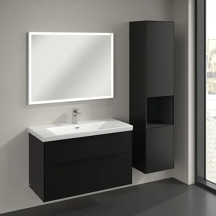 Villeroy & Boch Subway 3.0 Hochschrank - B x T x H: 40 x 36,2 x 171 cm, 1x offenes Fach, 2x Tür, Volcano Black, Farbe Griff: Volcano black, DIN Anschlag: Rechts - Modernes Badezimmer-Set mit schwarzem Waschbeckenunterschrank, LED-Spiegel und hohem Seitenschrank für ein stilvolles Ambiente.