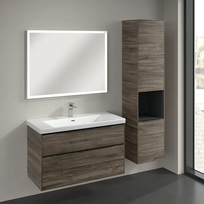 Villeroy & Boch Subway 3.0 Hochschrank - B x T x H: 40 x 36,2 x 171 cm, 1x offenes Fach, 2x Tür, Stone Oak, Farbe Griff: Volcano black, DIN Anschlag: Rechts - Badezimmer mit Waschtischunterschrank, Waschbecken, Spiegelschrank und Hängeschrank in Holzoptik. Modernes Design für Ihr Bad.