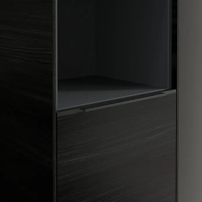 Villeroy & Boch Subway 3.0 Hochschrank - B x T x H: 40 x 36,2 x 171 cm, 1x offenes Fach, 2x Tür, Black Oak, Farbe Griff: Volcano black, DIN Anschlag: Rechts - Dunkler Holzschrank mit offenem Regal und Schublade. Das moderne Design bietet viel Stauraum für jeden Raum.