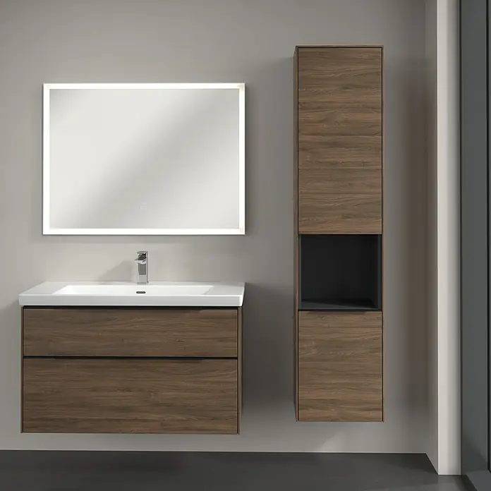 Villeroy & Boch Subway 3.0 Hochschrank - B x T x H: 40 x 36,2 x 171 cm, 1x offenes Fach, 2x Tür, Arizona Oak, Farbe Griff: Volcano black, DIN Anschlag: Rechts - Modernes Badezimmer-Set mit Waschbeckenunterschrank, Aufbewahrungsschrank und beleuchtetem Spiegel für stilvolles Ambiente.