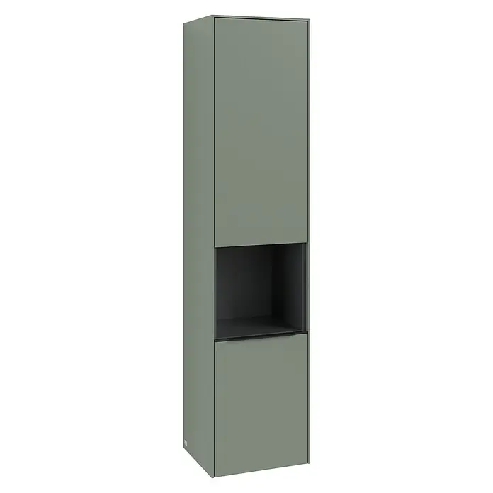 Villeroy & Boch Subway 3.0 Hochschrank - B x T x H: 40 x 36,2 x 171 cm, 1x offenes Fach, 2x Tür, Soft Green, Farbe Griff: Volcano black, DIN Anschlag: Rechts - Ein schlanker, grauer Badezimmerschrank mit einer offenen Ablage in der Mitte, ideal für moderne Badezimmer und zusätzlichen Stauraum.