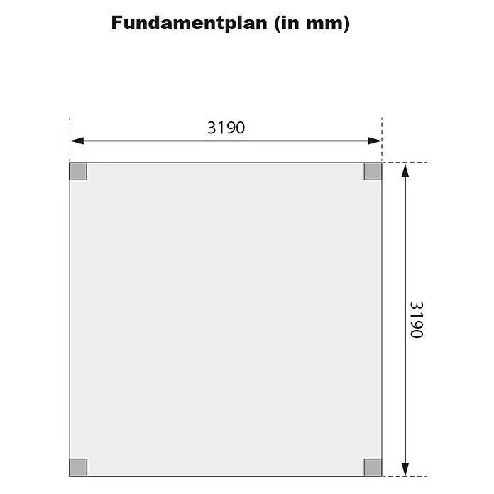 Karibu Grillpavillon - B x T: 320 x 320 cm, Farbe Gestell: Naturbraun, Holz - Fundamentplan in mm: Quadratischer Fundamentplan mit Abmessungen von 3190 x 3190 mm und Eckmarkierungen. Präzise Planung für Ihr Bauvorhaben.