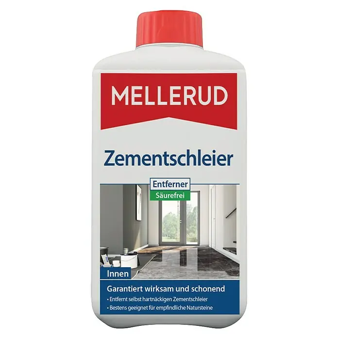 Mellerud Zementschleierentferner Marmor - 1 l, Flasche mit kindergesichertem Verschluss - Bild eines MELLERUD Zementschleier Entferner-Produktes, säurefrei, für Innenbereiche und Natursteine.