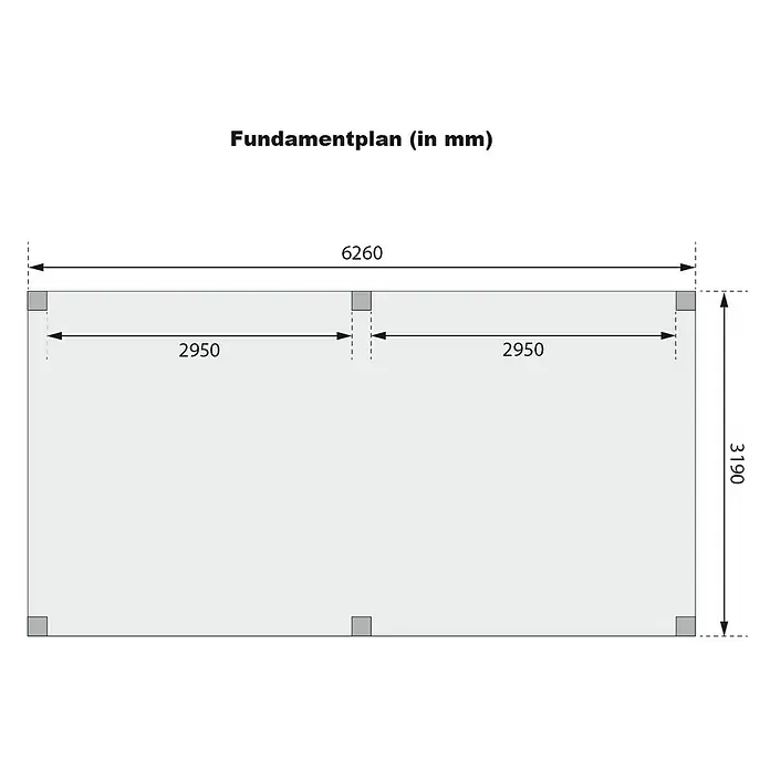 Karibu Grillpavillon - B x T: 627 x 320 cm, Farbe Gestell: Naturbraun, Holz - Fundamentplan mit Abmessungen in Millimetern. Die Länge beträgt 6260 mm und die Breite 3190 mm. Zwei Abschnitte sind jeweils 2950 mm lang.