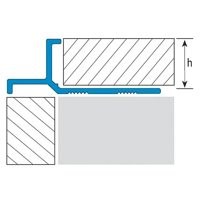 Perfil para baldosas Eurocanto 150A - Aluminio, Plateado, 2,5 m x 10 mm, Brillante - Ilustración de un perfil de aluminio para bordes de escaleras, azul, entre dos revestimientos de suelo, con indicación de altura "h".