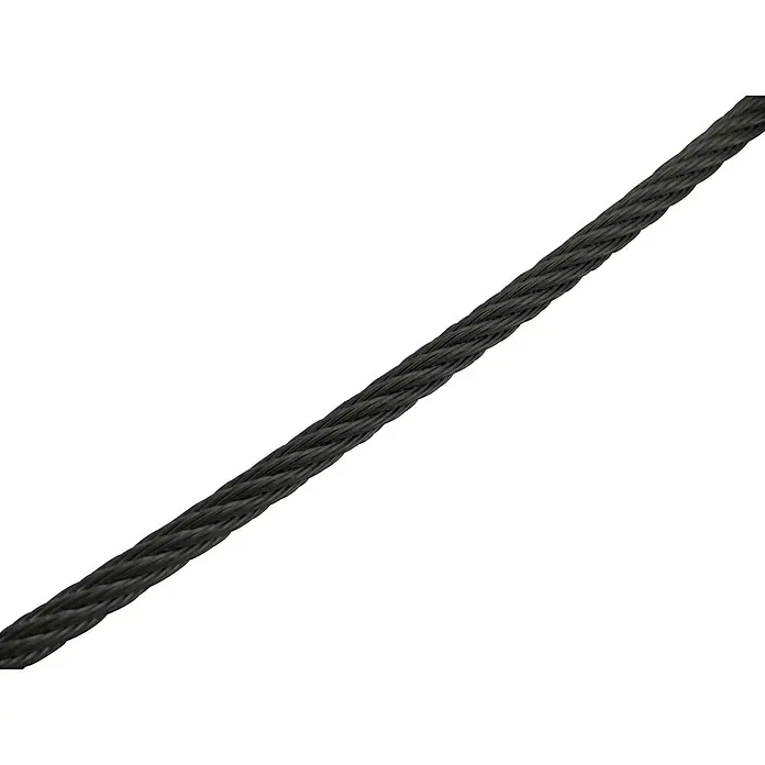Marinetech Drahtseil - Ø x L: 2 mm x 25 m, Edelstahl, Schwarz - Detailaufnahme eines stabilen, dunklen Stahlseils, das diagonal im Bild verläuft und dessen robuste Konstruktion betont.