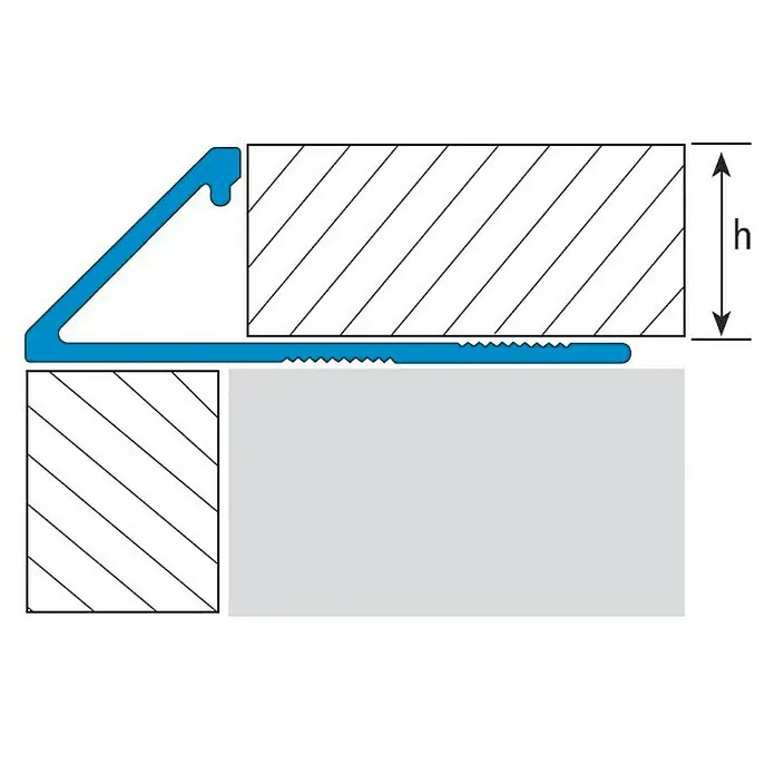 Perfil para baldosas Eurocanto 145A - Aluminio, Plateado, 2,5 m x 10 mm, Otros - Ilustración de un perfil de transición de suelo azul para el ajuste de altura entre dos suelos de diferentes alturas.