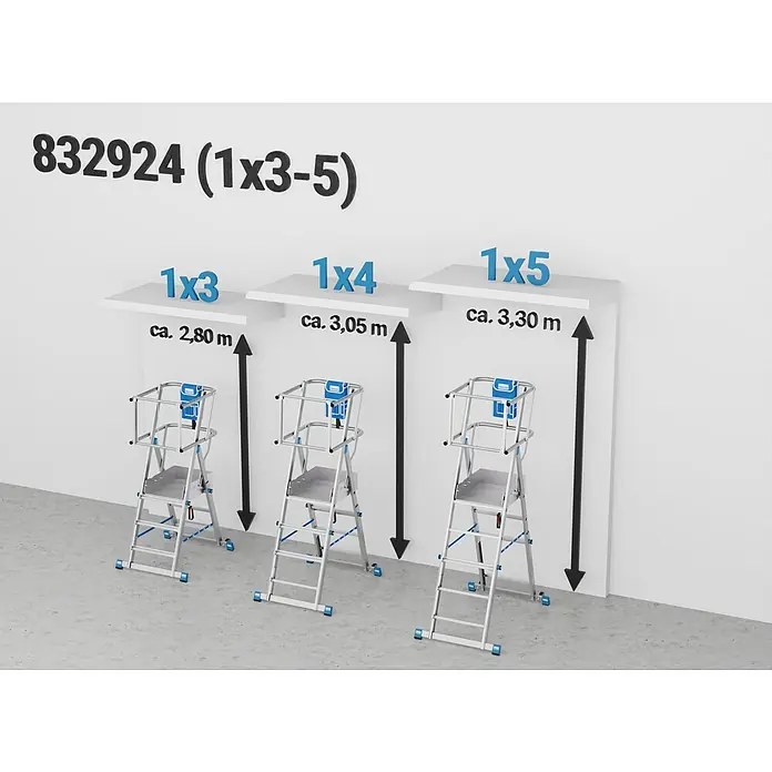 Krause Sprossen-Gelenk-Teleskopleiter Skymatic 3-5 Sprossen - Arbeitshöhe: 3,3 m, Anzahl Tritte: 5 Stk., Aluminium - Abbildung von drei fahrbaren Arbeitsbühnen (1x3, 1x4, 1x5) mit unterschiedlichen Arbeitshöhen.
