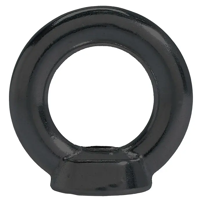 Marinetech Ringmutter - M 6, Innendurchmesser: 16 mm, Edelstahl, Schwarz - Nahaufnahme eines schwarzen Rings, vermutlich ein industrielles Hebeöse, vor einem schwarzen Hintergrund.