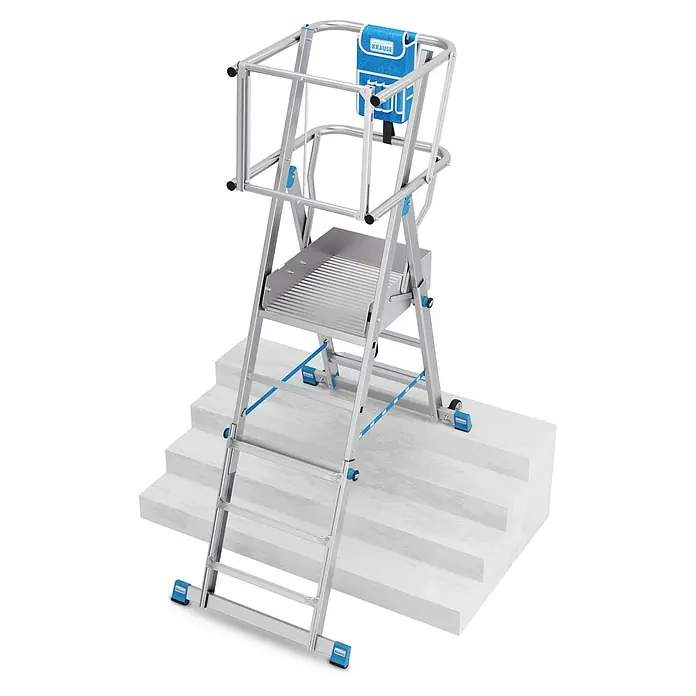 Krause Sprossen-Gelenk-Teleskopleiter Skymatic 3-5 Sprossen - Arbeitshöhe: 3,3 m, Anzahl Tritte: 5 Stk., Aluminium - Krause Treppenpodest mit Geländer. Dieses sichere Podest ist ideal für Arbeiten auf Treppen und unebenen Flächen und bietet Stabilität.