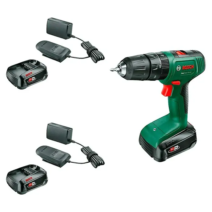 Bosch Power for All 18V Maschinenpaket - Akku-Schlagbohrschrauber EasyImpact 18V-40 + gratis Starter-Kit - Akku-Bohrschrauber von Bosch mit zwei Akkus und Ladegeräten, ideal für Heimwerkerprojekte.