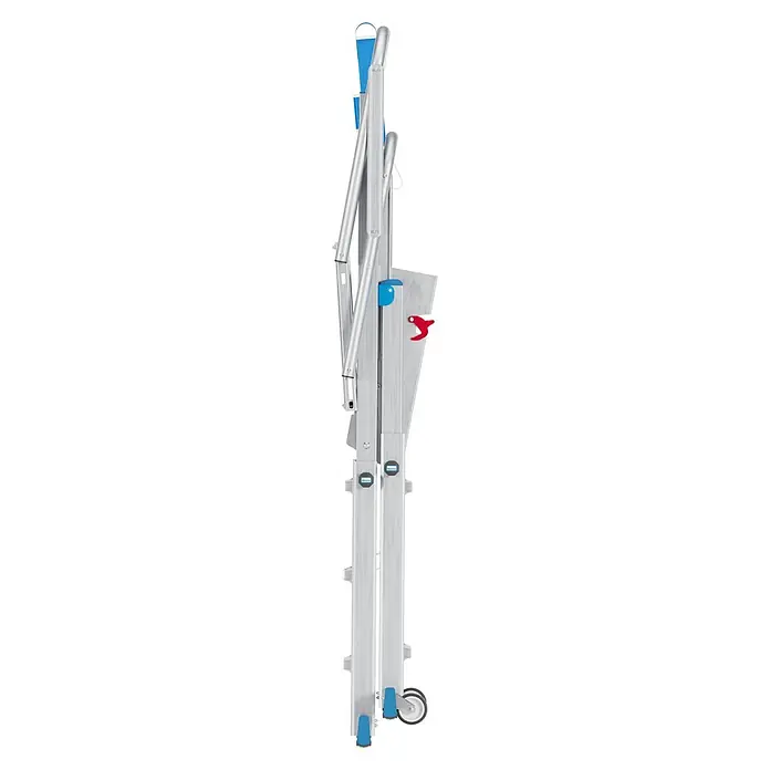 Krause Sprossen-Gelenk-Teleskopleiter Skymatic 5-9 Sprossen - Arbeitshöhe: 4,35 m, Anzahl Tritte: 9 Stk., Aluminium - Zusammengeklappte Aluminium-Stehleiter mit blauen Akzenten, die sich ideal für den Transport und die Lagerung eignet. Perfekt für verschiedene Aufgaben.