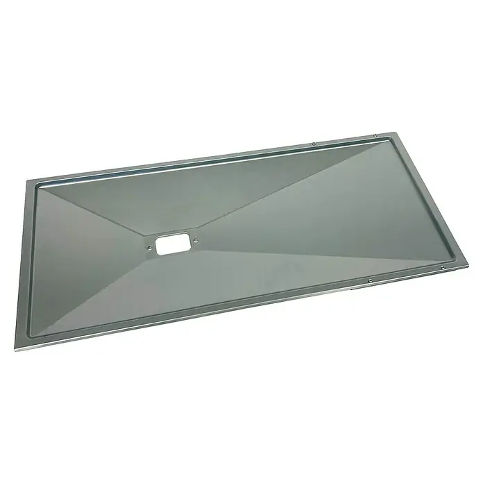 Kingstone Fettauffangblech Cliff Black Edition - Passend für: Kingstone Gasgrill Cliff 6500/6005 Black Edition, Stahl - Hier ist ein Bild von einer Abtropfschale mit einer trapezförmigen Form. Die Schale ist aus Metall und hat eine silberne Farbe.