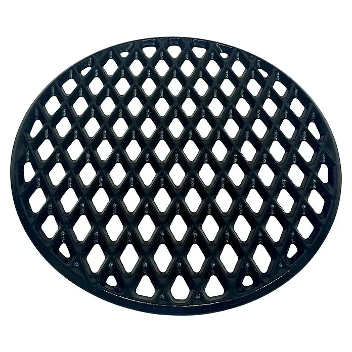 Kingstone KMS Grillrost - Passend für: Kingstone KMS Grillroste, Gusseisen - Draufsicht eines schwarzen, ovalen Grills mit Rautenmuster für den Außenbereich, robust und stilvoll für Grillabende.