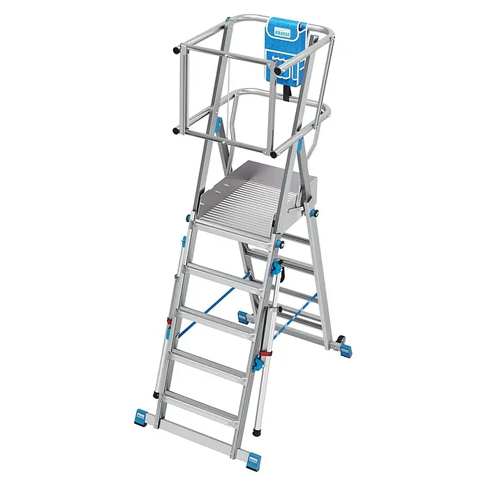 Krause Sprossen-Gelenk-Teleskopleiter Skymatic 5-9 Sprossen - Arbeitshöhe: 4,35 m, Anzahl Tritte: 9 Stk., Aluminium - Das Bild zeigt eine mobile Arbeitsbühne der Marke Krause. Die Plattform ist aus Aluminium gefertigt und bietet eine sichere Arbeitsumgebung in der Höhe.