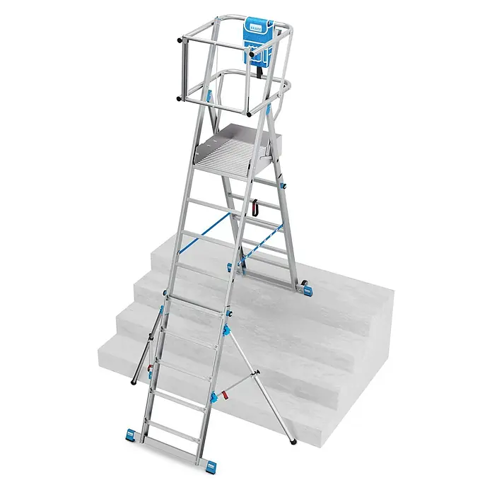 Krause Sprossen-Gelenk-Teleskopleiter Skymatic 5-9 Sprossen - Arbeitshöhe: 4,35 m, Anzahl Tritte: 9 Stk., Aluminium - Das Bild zeigt einen Krause Treppenturm, eine flexible Arbeitsplattform für Treppen, ideal für sichere Arbeiten in verschiedenen Höhen.