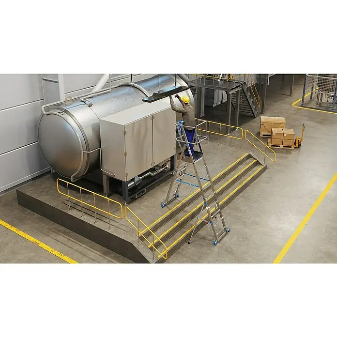 Krause Sprossen-Gelenk-Teleskopleiter Skymatic 5-9 Sprossen - Arbeitshöhe: 4,35 m, Anzahl Tritte: 9 Stk., Aluminium - Arbeiter auf einer Aluminium-Arbeitsbühne bei Wartungsarbeiten, mit gelben Sicherheitsgeländern, für sichere Reparaturen in der Industrie.