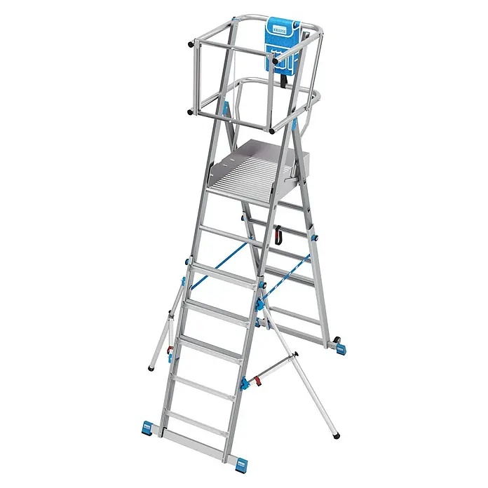 Krause Sprossen-Gelenk-Teleskopleiter Skymatic 5-9 Sprossen - Arbeitshöhe: 4,35 m, Anzahl Tritte: 9 Stk., Aluminium - Das Bild zeigt eine vielseitige Krause Treppenturm-Arbeitsbühne, ideal für sichere Arbeiten in der Höhe. Die robuste Konstruktion bietet Stabilität.